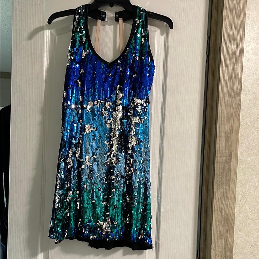 Blue Sequin Mini Dress V-Neck Sheath